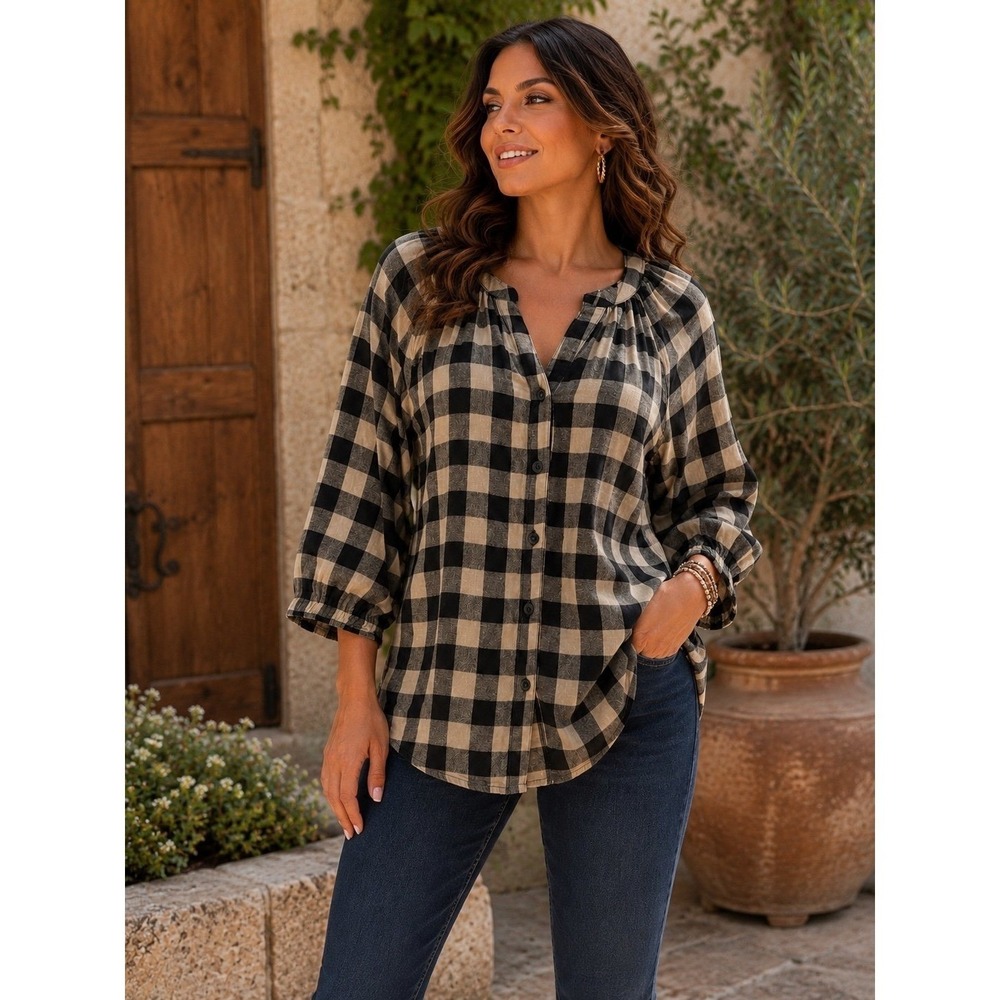 BeachLunchLounge Buffalo Plaid Peasant Top Black Beige‎ Medium Cotton